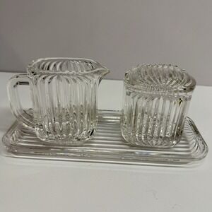 Villeroy Boch Crystal "Quadra" Set of Creamer, Sugar Bowl w/Lid Tray Art Deco